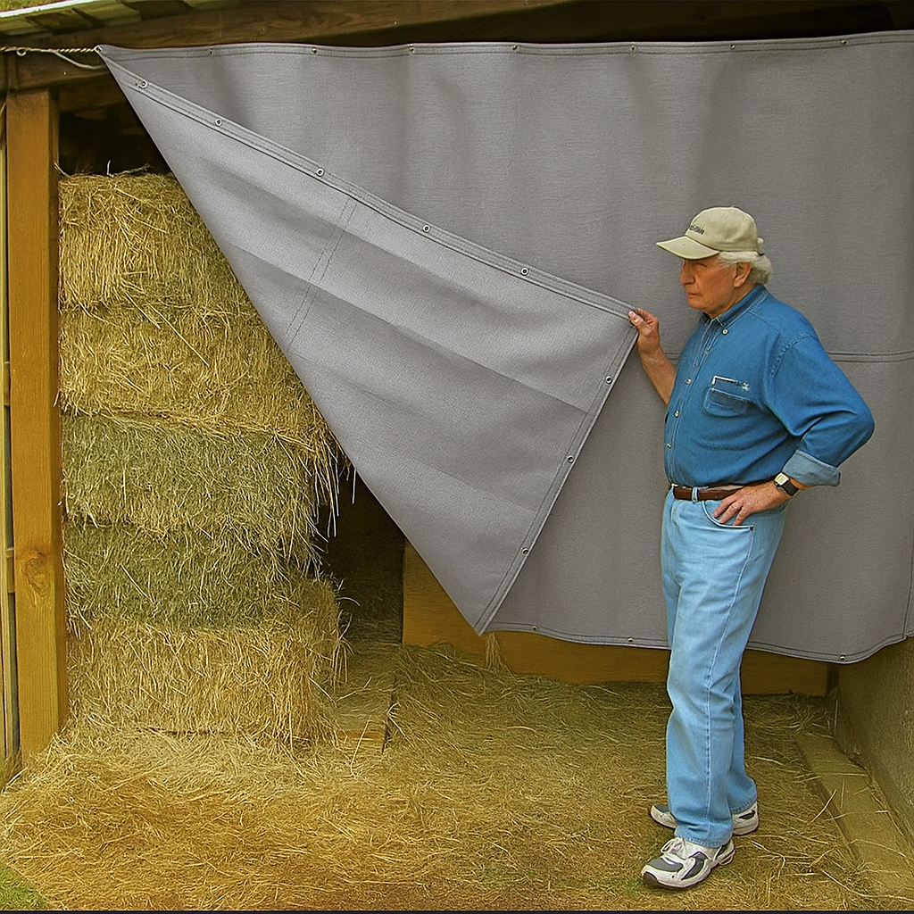 HorseFlyNet Heavy-Duty Vinyl-Coated Mesh Barn Curtain – Gray Durable Sun, Wind & Bird Barrier